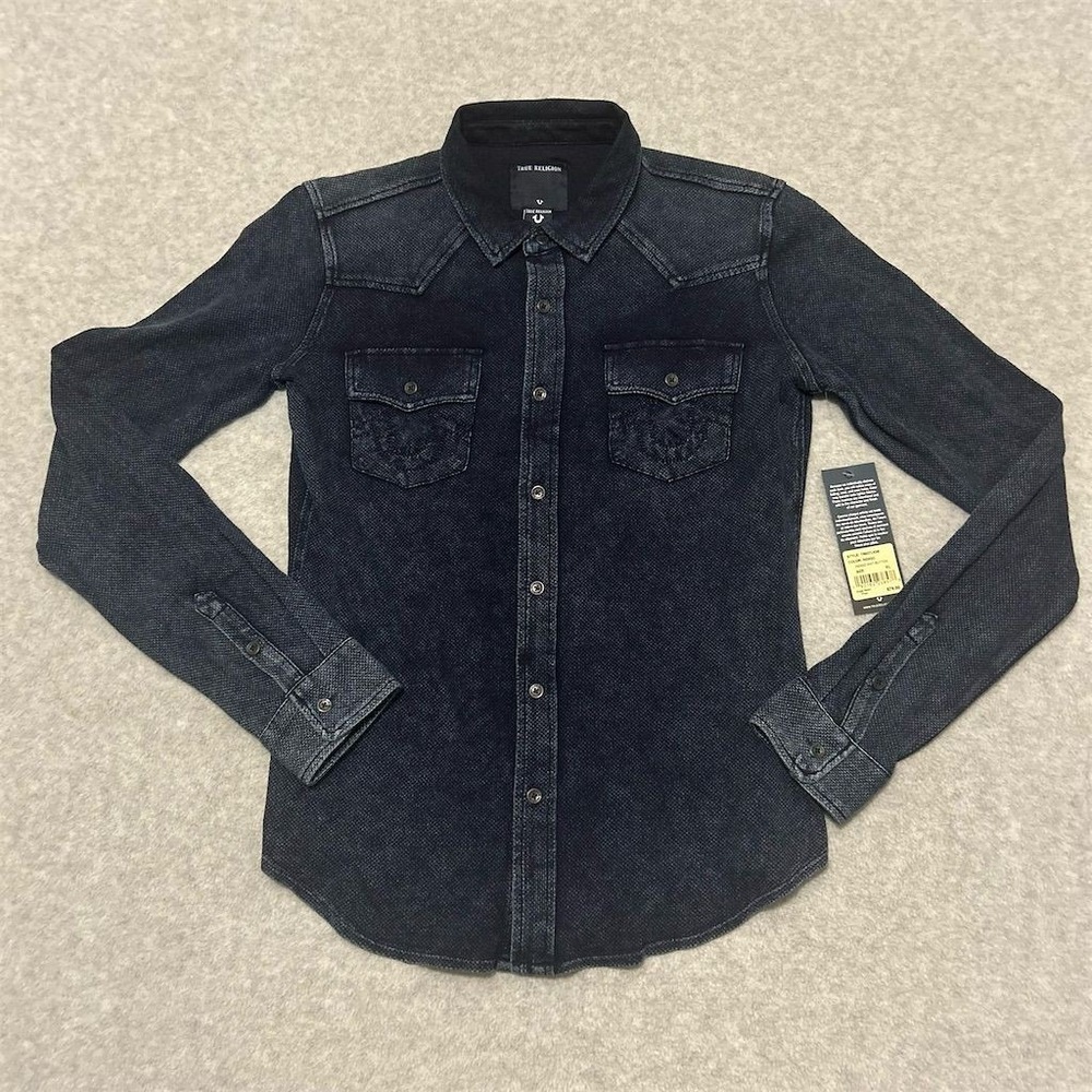 True Religion Shirt Kids XL Indigo Knit Button-Up Shirt Long Sleeve Casual